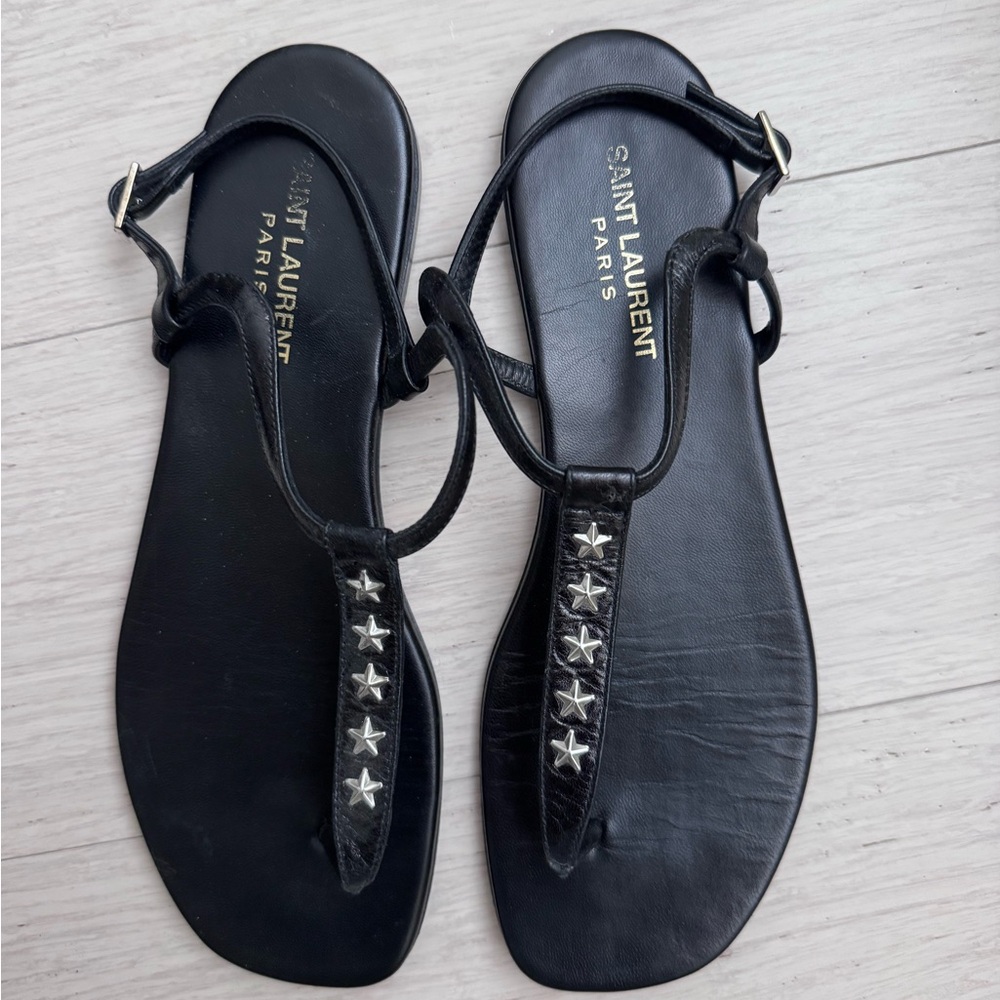 Saint Laurent Black Leather Star-Stud T-Strap Sandals
